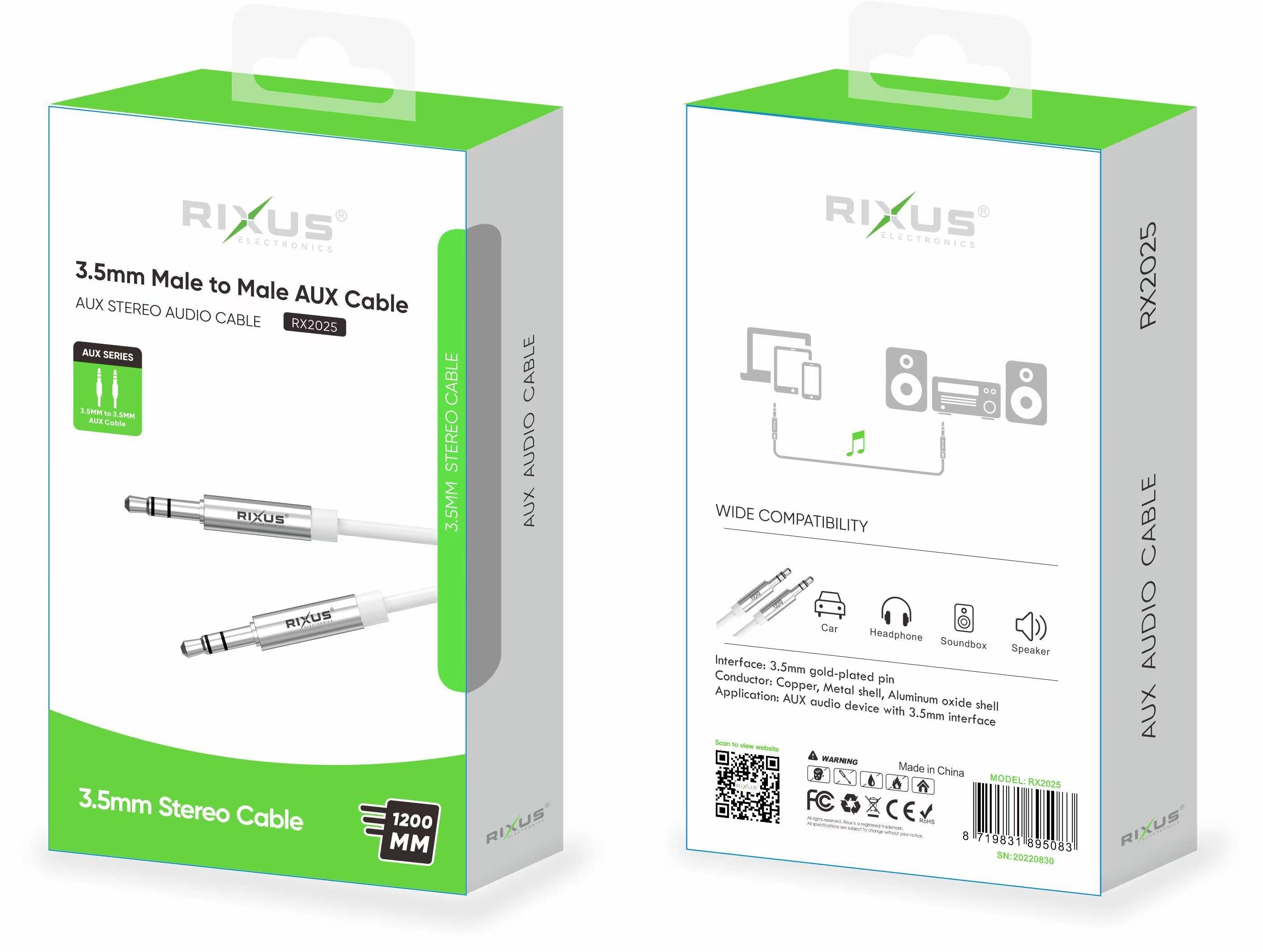 Rixus RX2025 AUX to AUX Audio Cable Male 3.5MM 120CM White