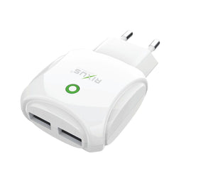 Rixus RX55A Fast Charge AC Adaptor With Dual USB Slot And Lightning Data Cable