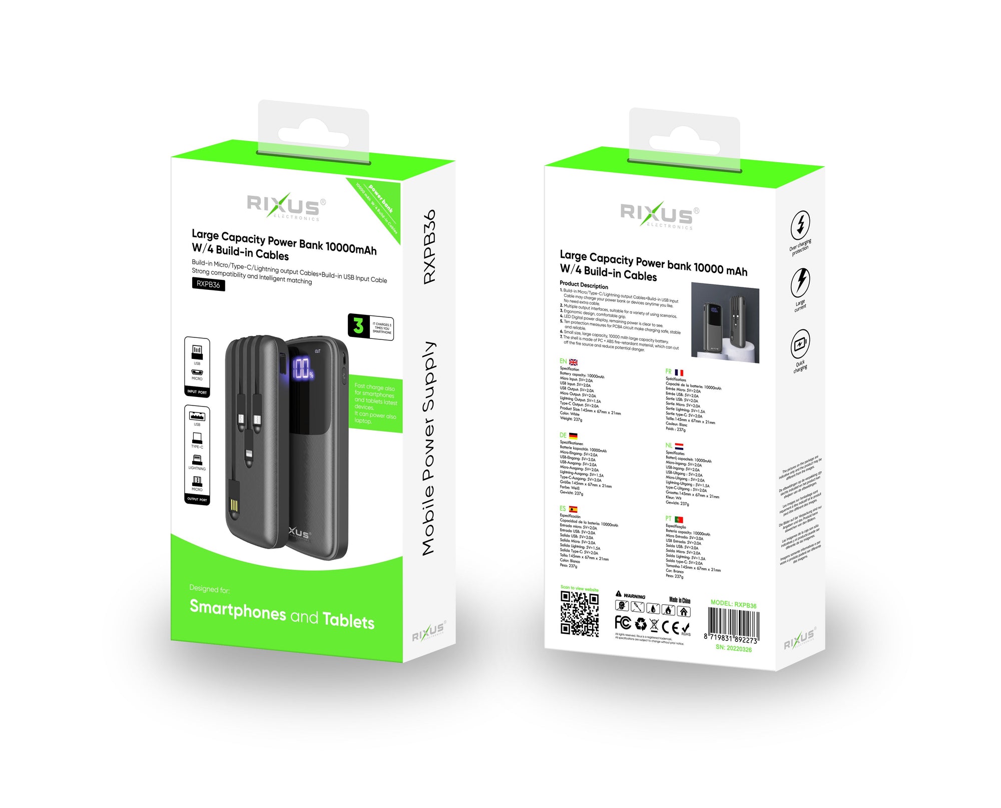 Rixus RXPB36B Power Bank 10000mAh With Build-in Cables Black