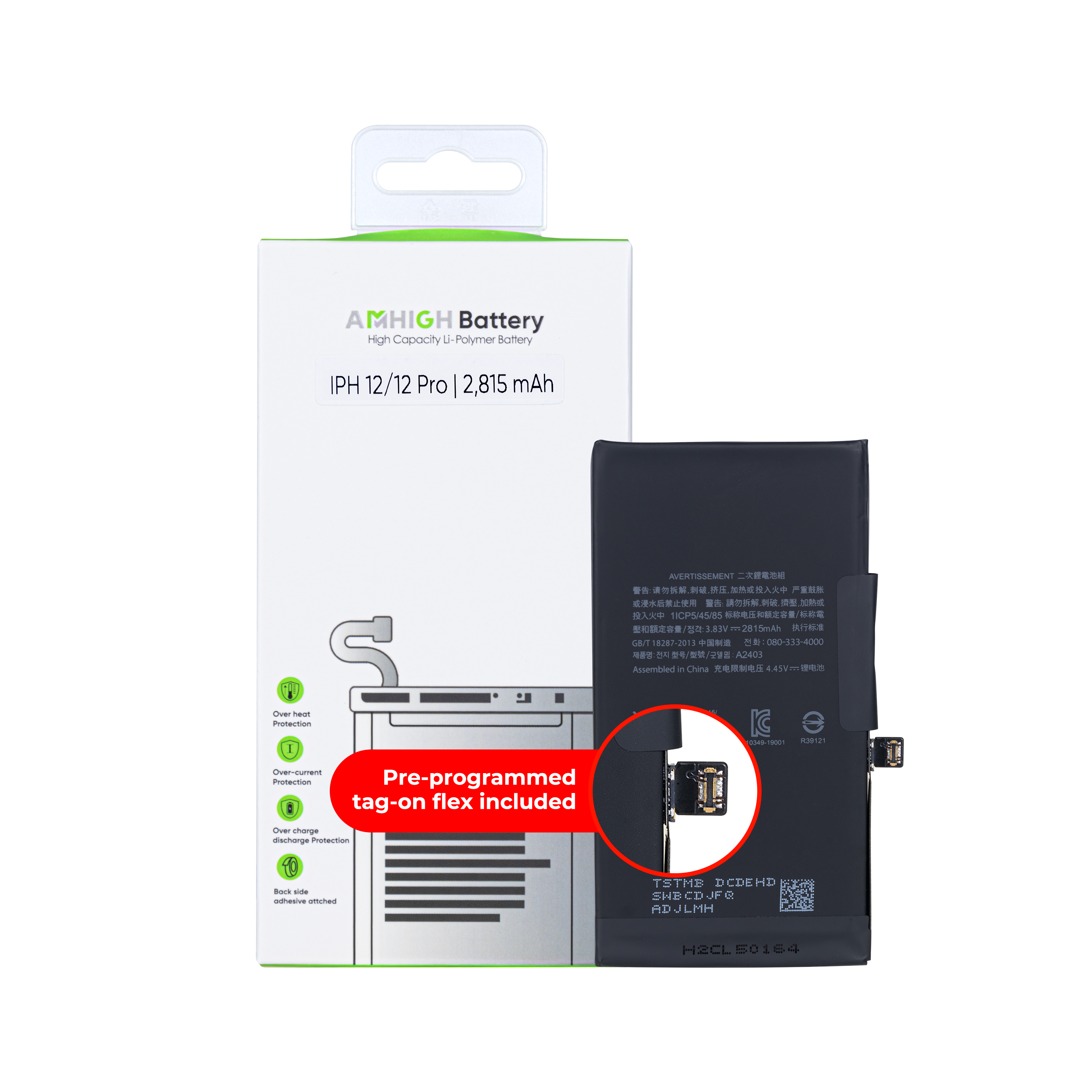 For iPhone 12, 12 Pro Battery With Tag-On Flex