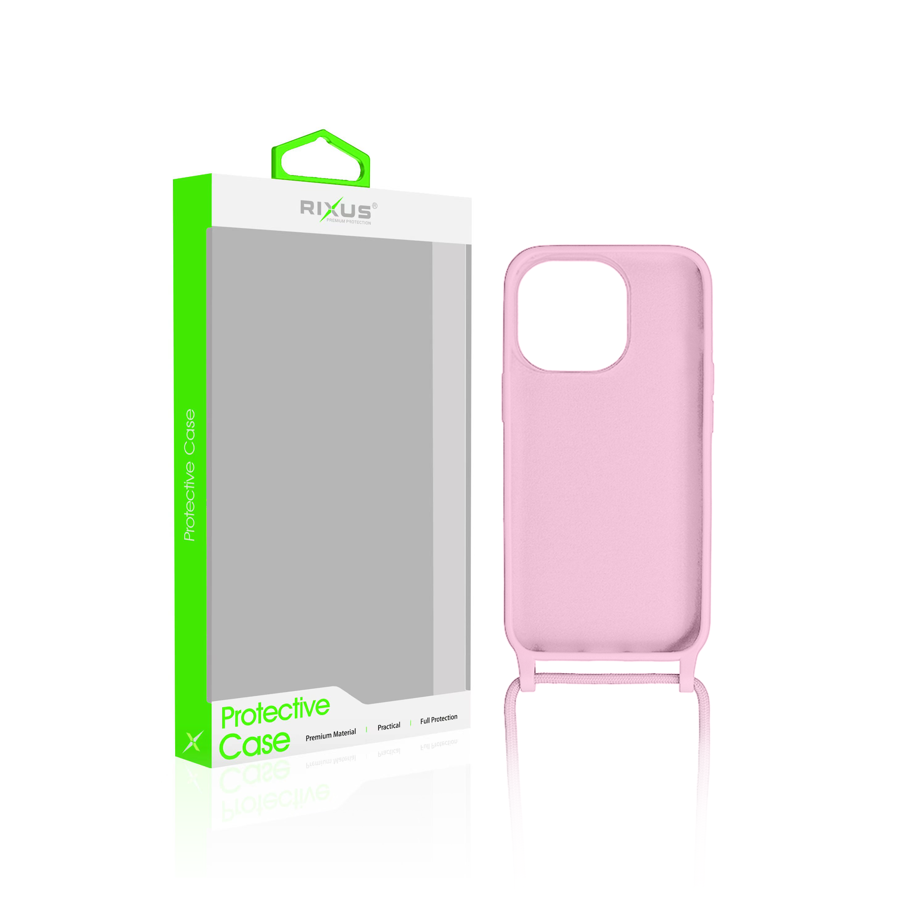 Rixus For iPhone 14 Plus TPU Necklace Cord Cover Pink