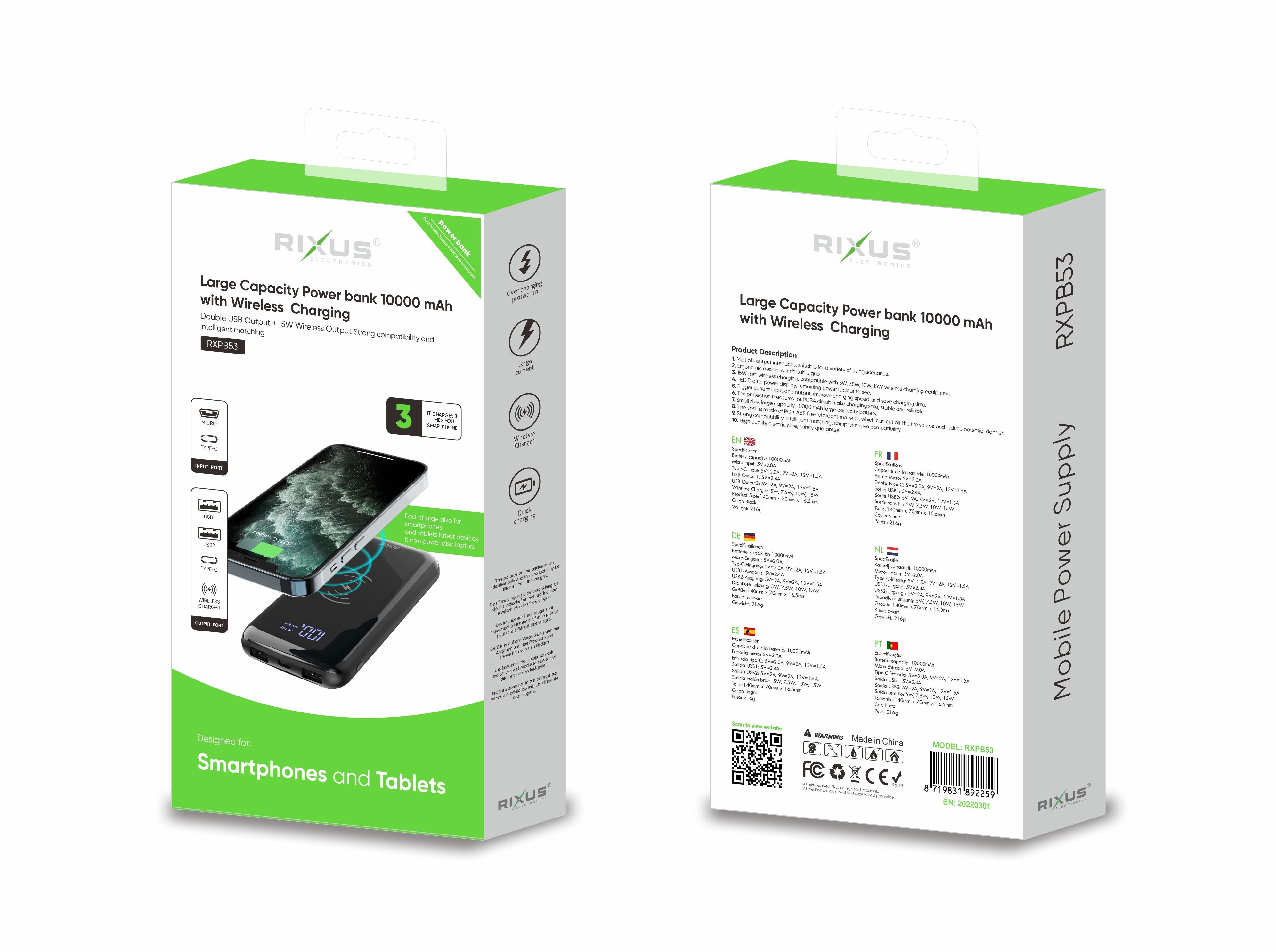 Rixus RXPB53 Wireless Power Bank 10,000mAh