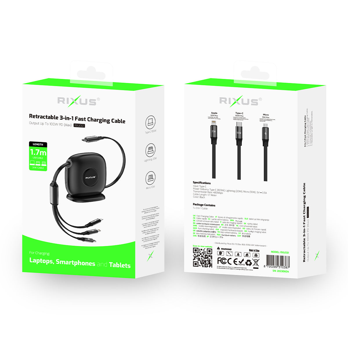 Rixus RXUC61 Retractable 100W 3 in 1 Cable Desktop USB Type C Fast Charger 1.7m Black