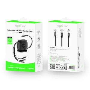 Rixus RXUC61 Retractable 100W 3 in 1 Cable Desktop USB Type C Fast Charger 1.7m Black