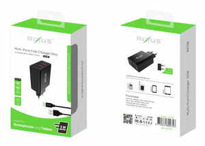 Rixus RX70B Dual USB And PD Charger With USB To Type-C Cable Black