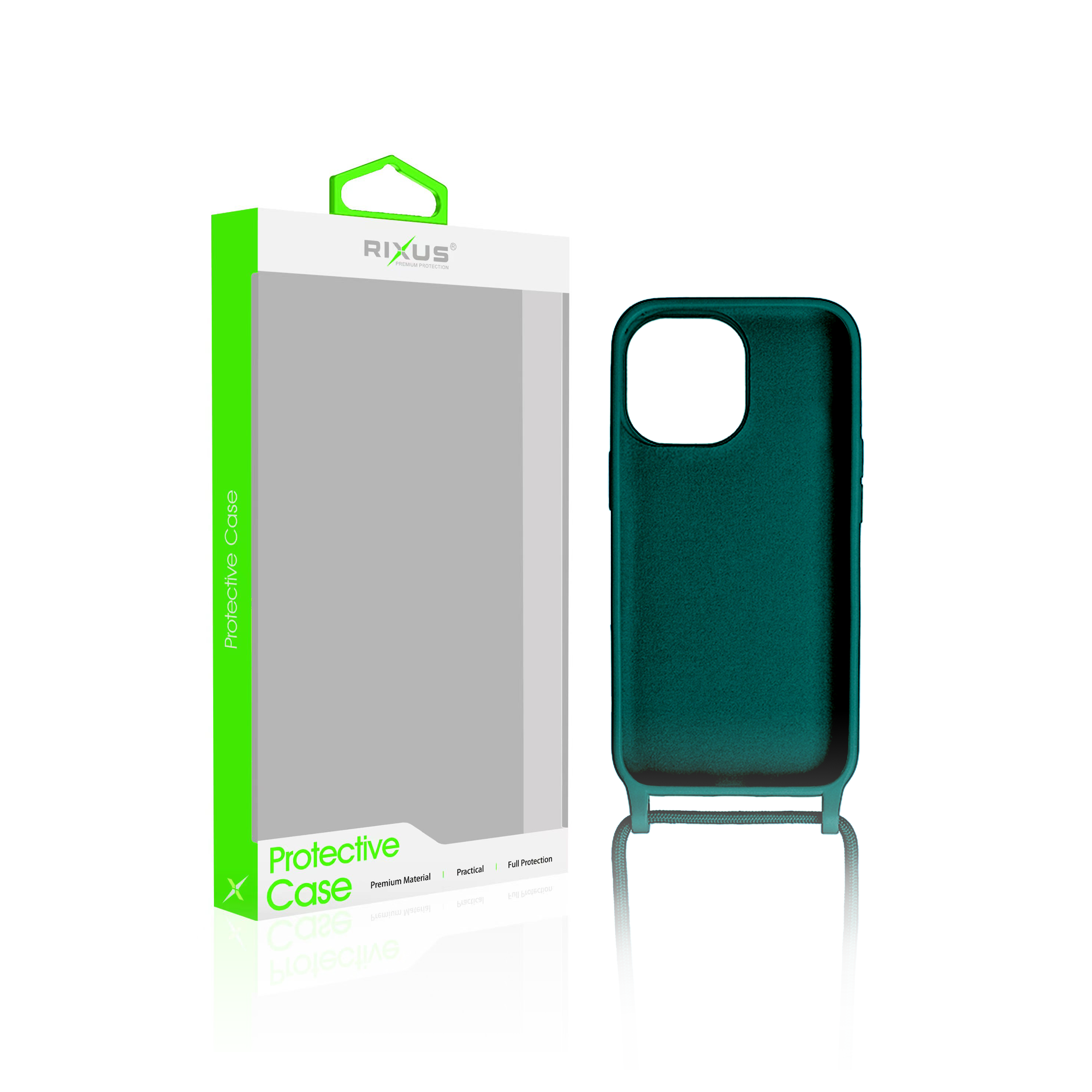 Rixus For iPhone 14 Plus TPU Necklace Cord Cover Dark Green