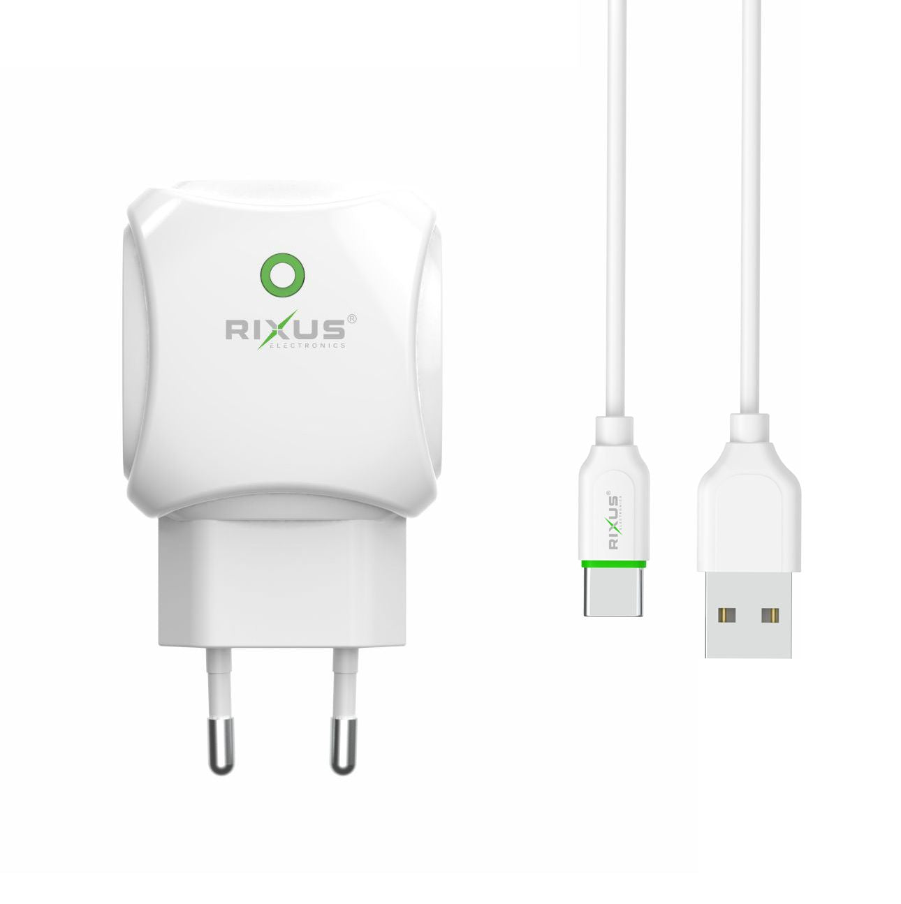 Rixus RX55C Fast Dual Charger 2.1A  And Type C USB Cable White