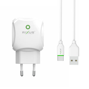 Rixus RX55C Fast Dual Charger 2.1A  And Type C USB Cable White