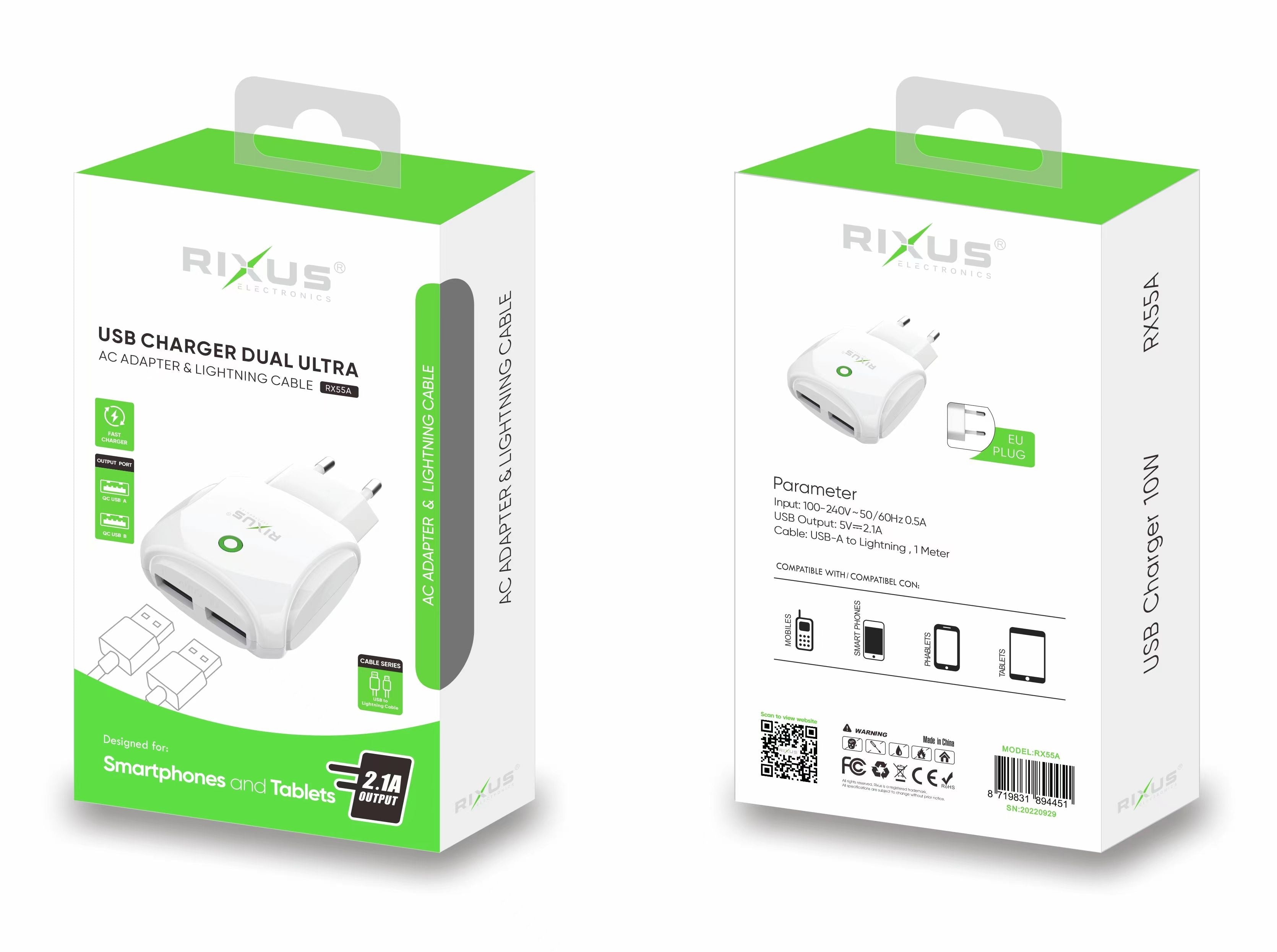Rixus RX55A Fast Charge AC Adaptor With Dual USB Slot And Lightning Data Cable