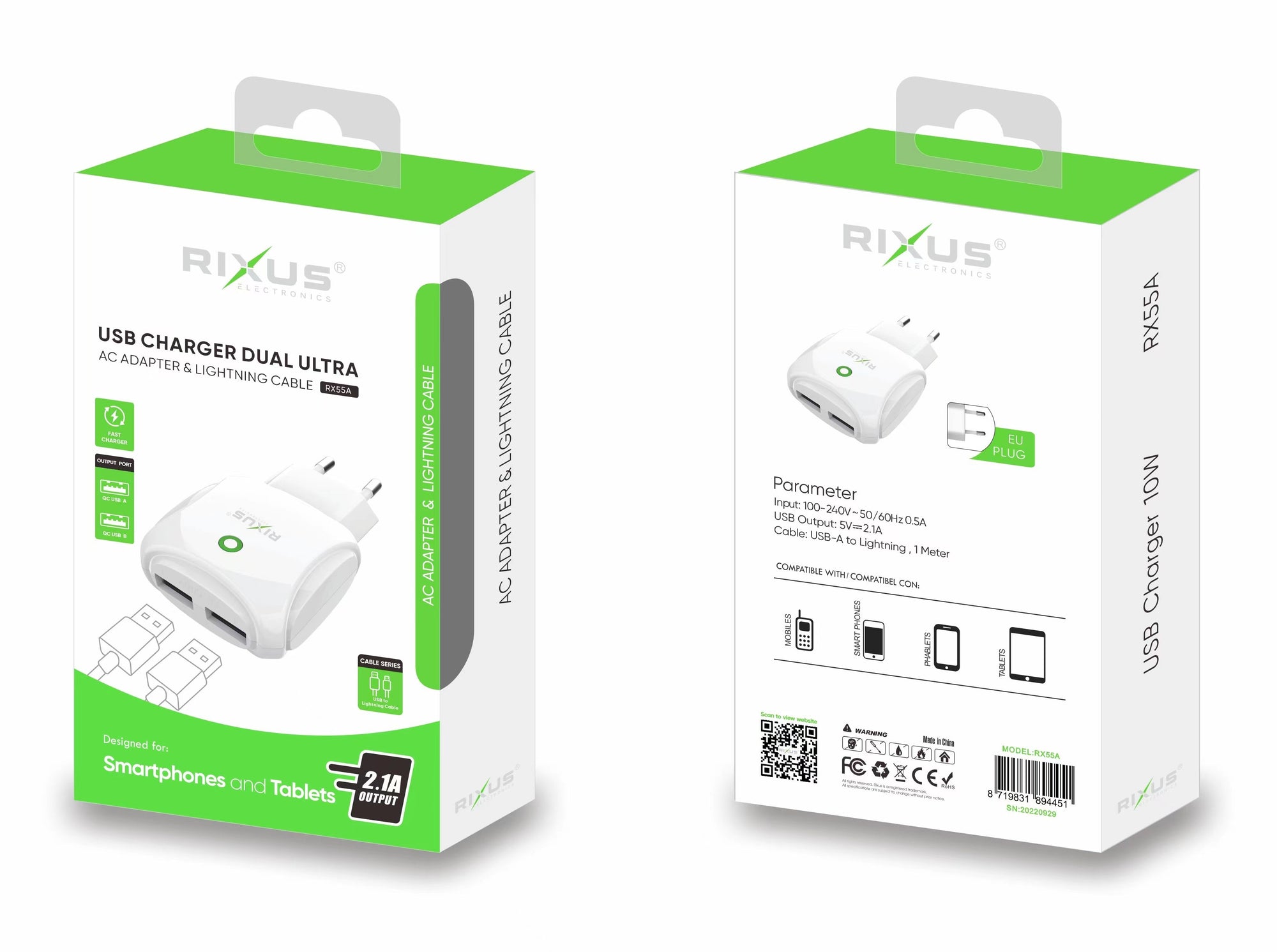 Rixus RX55A Fast Charge AC Adaptor With Dual USB Slot And Lightning Data Cable