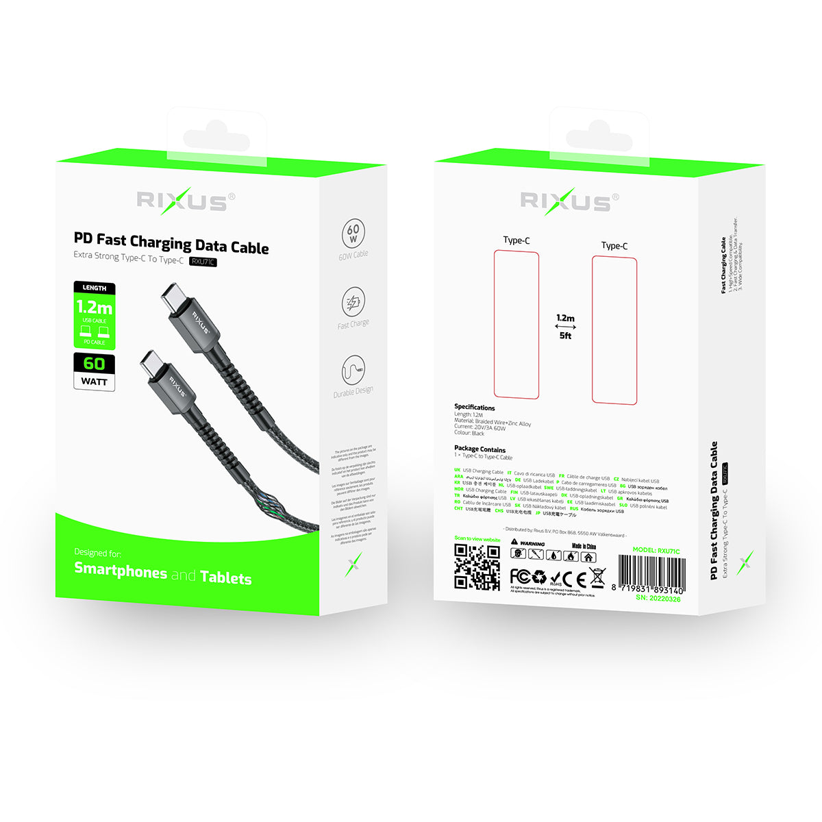 Rixus RXU71C Nylon Braided USB-C To USB-C Cable 1.2mtr Black