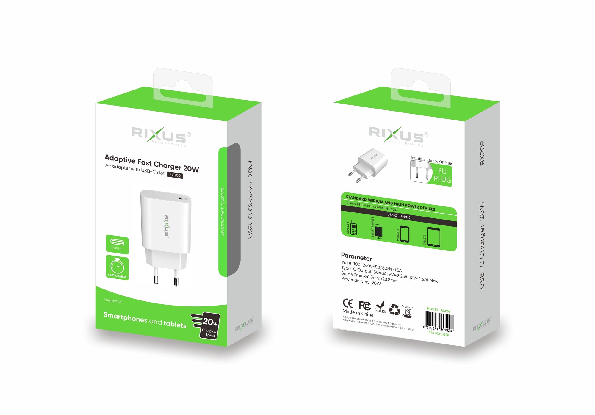 Rixus RX209 Adaptive Fast Charger USB-C 20W White