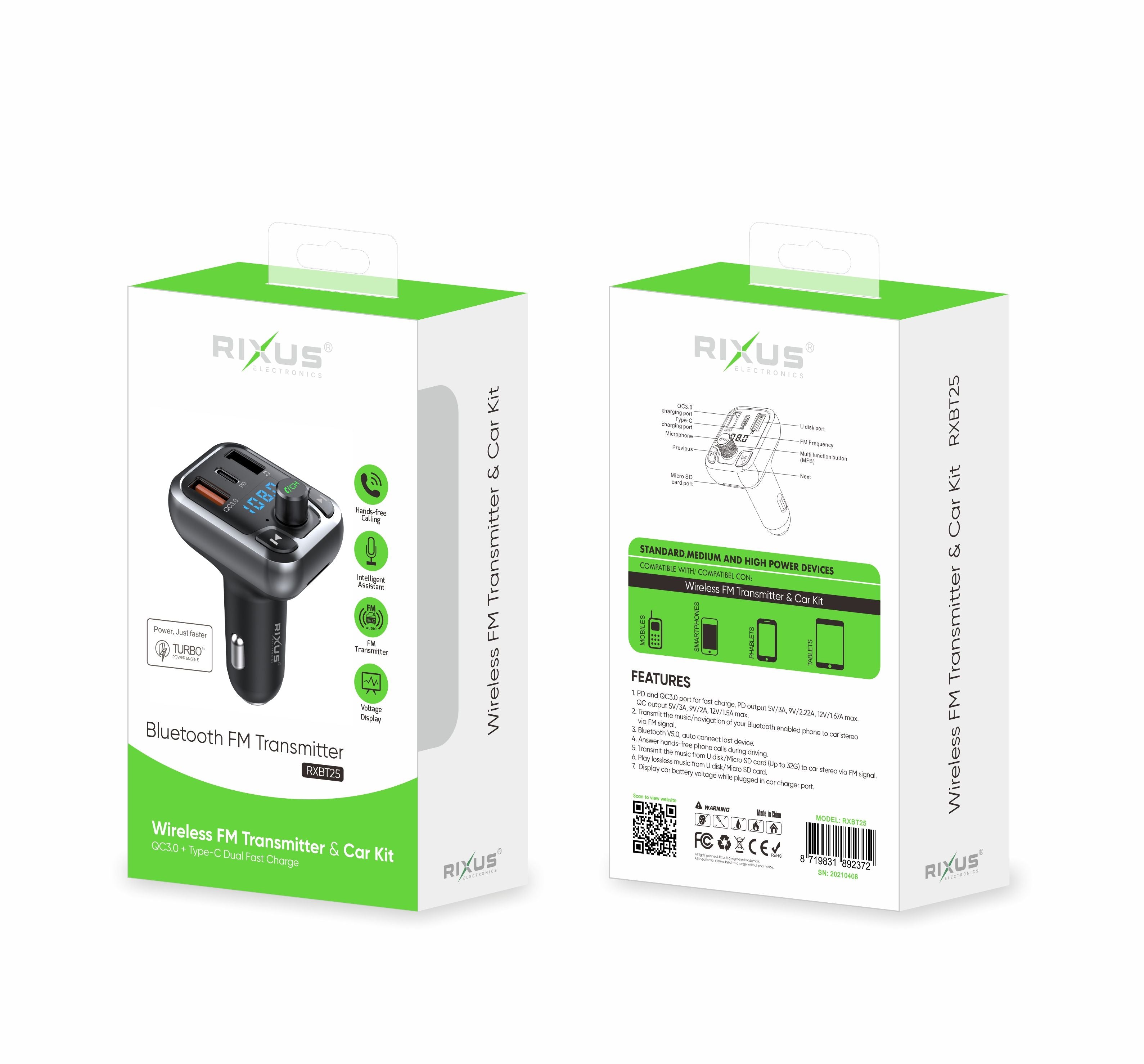 Rixus RXBT25 Bluetooth FM Transmitter QC30 And Type C Dual Fast Charge