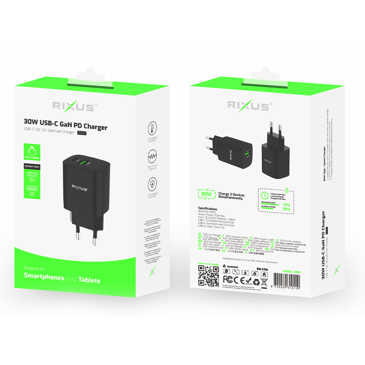 Rixus RX95 Adaptateur de charge rapide 30W Noir