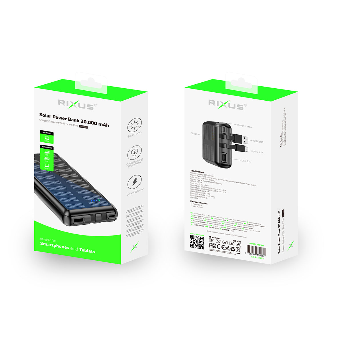 Rixus RXPB47 Solar Powerbank 20000 mAh avec câbles intégrés Noir