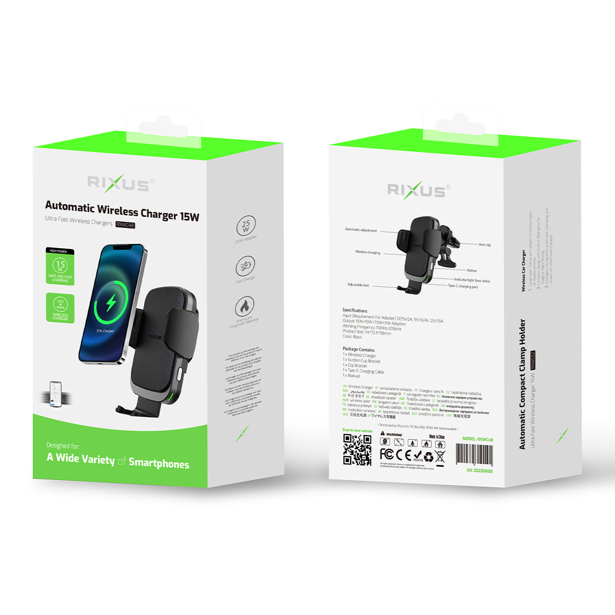Rixus RXWC48 Wireless Car Charger Mount Black (support de chargeur sans fil pour voiture)