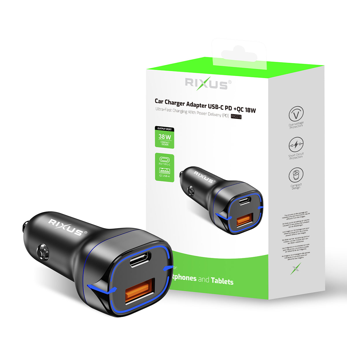 Rixus RXCC13 Chargeur de voiture USB-C PD+QC3.0 18W Noir