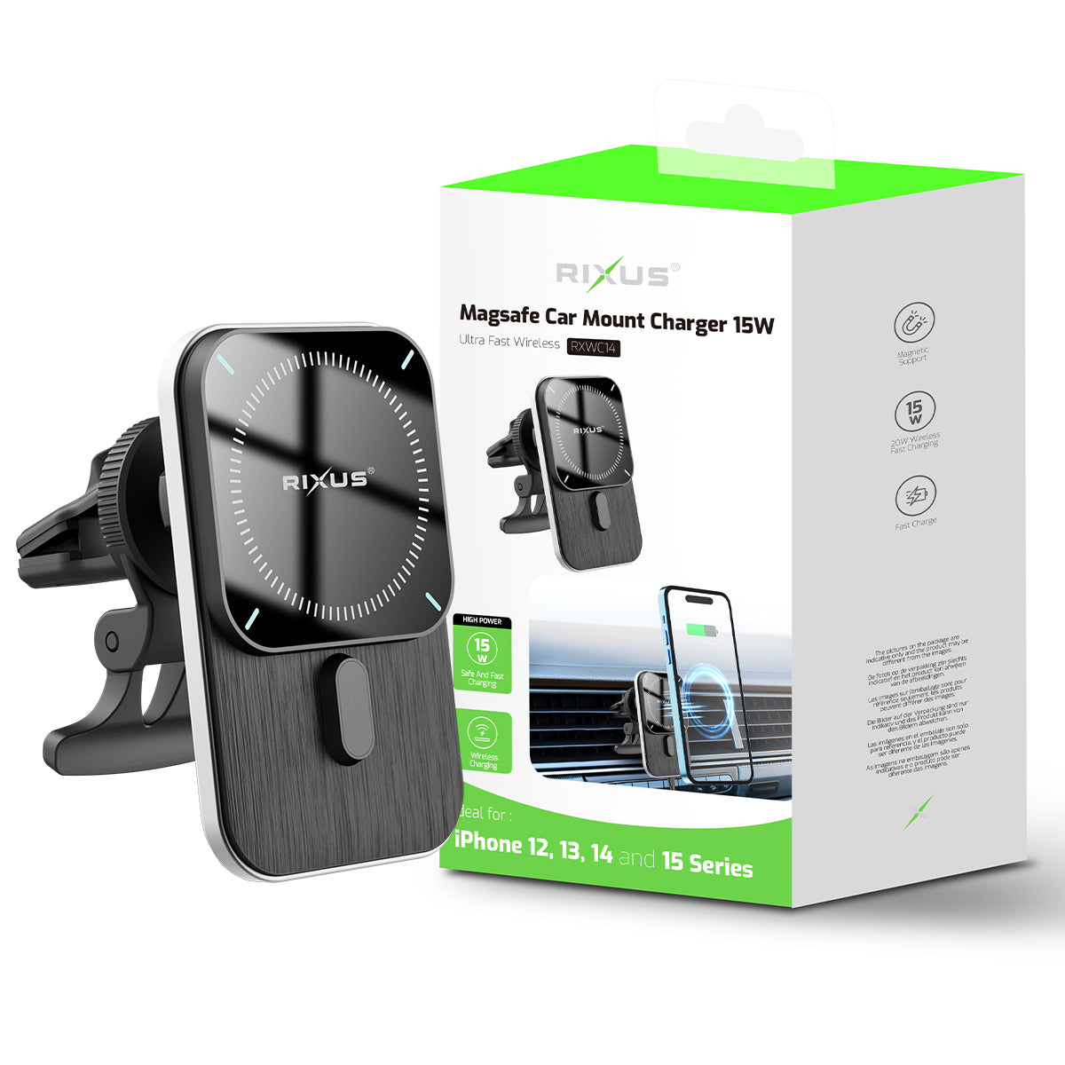 Rixus RXWC14 Wireless Car Charger with MagSafe Compatibility 15W Space Gray (Chargeur de voiture sans fil Rixus RXWC14 avec compatibilité MagSafe)