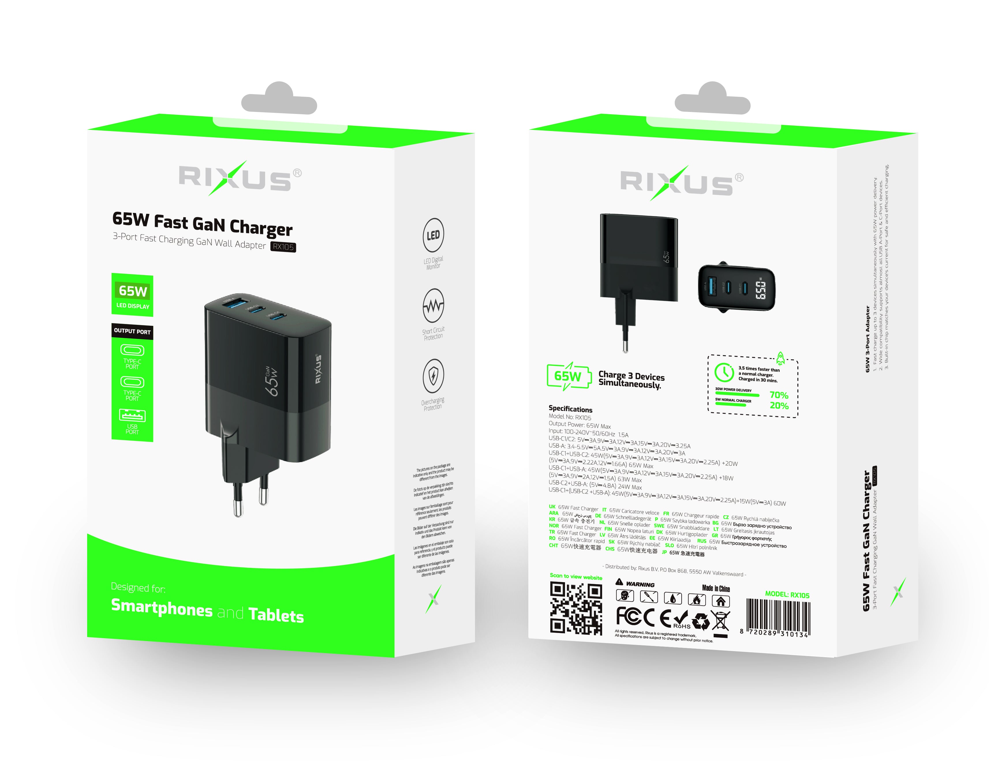 Rixus RX105 PD 65W Gan Charger Noir