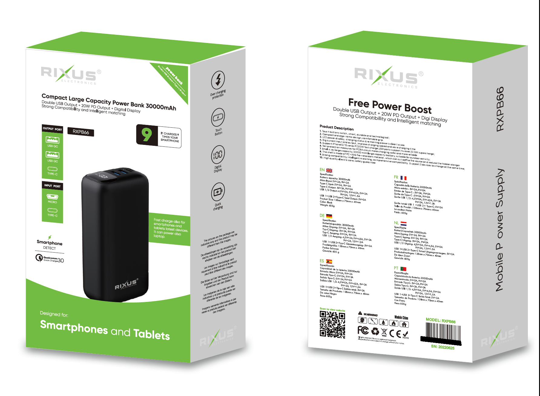 Rixus RXPB62 22.5W Super Fast Power Bank 30.000mAh 2USB+1PD OutPut Noir