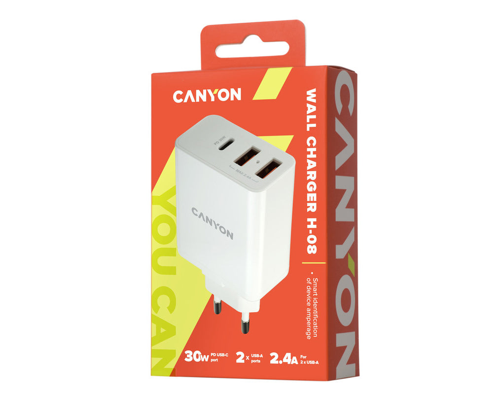 Chargeur mural Canyon H-08 USB-C et 2x USB-A 2,4A Blanc