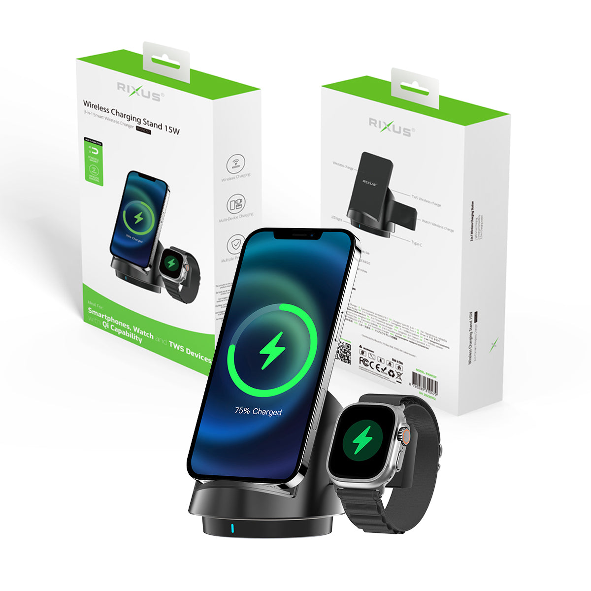 Rixus RXWC57 3 in 1 Wireless Fast Charger Stand Noir