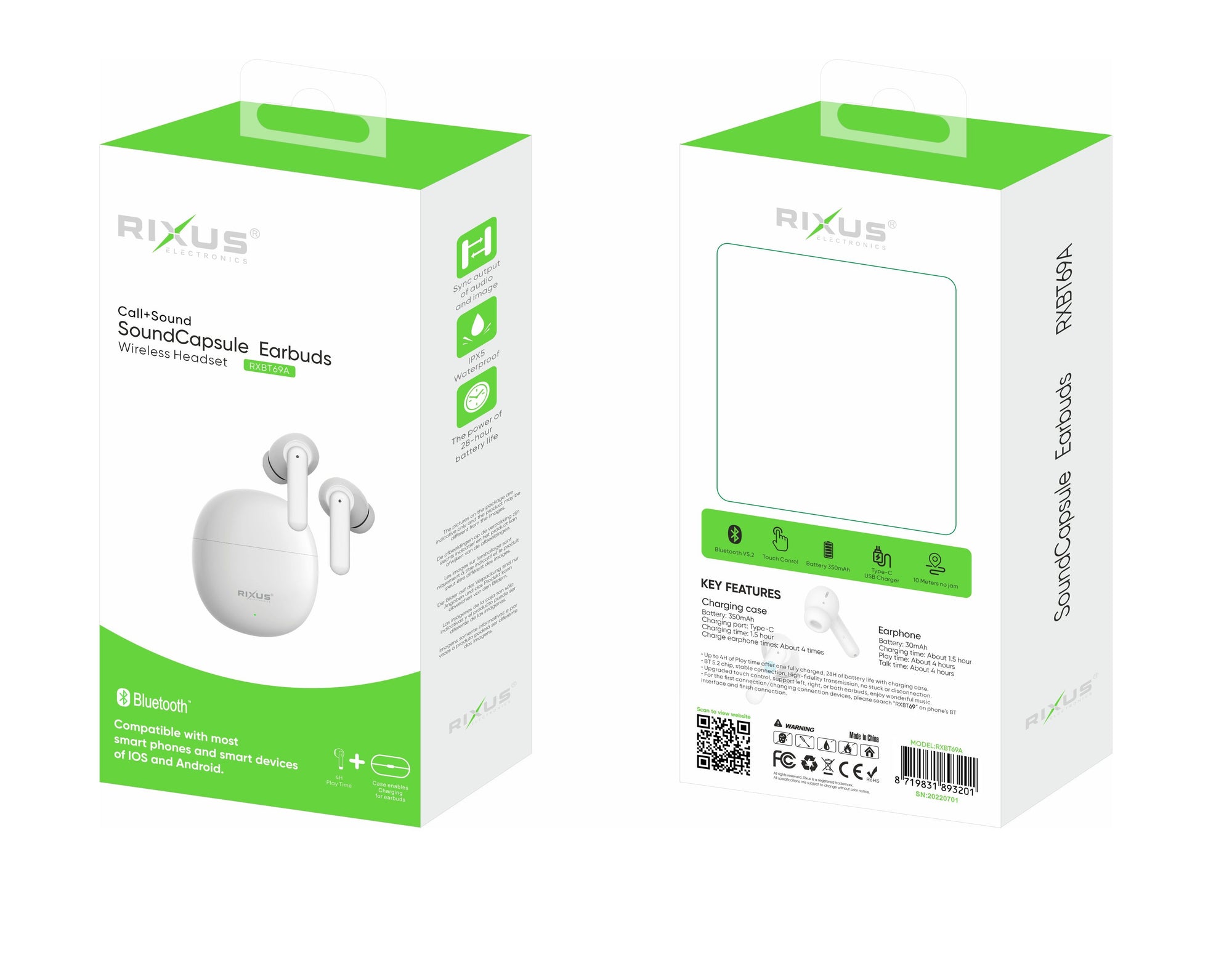 Rixus RXBT69A TWS Earbuds With Charging Case Blanc
