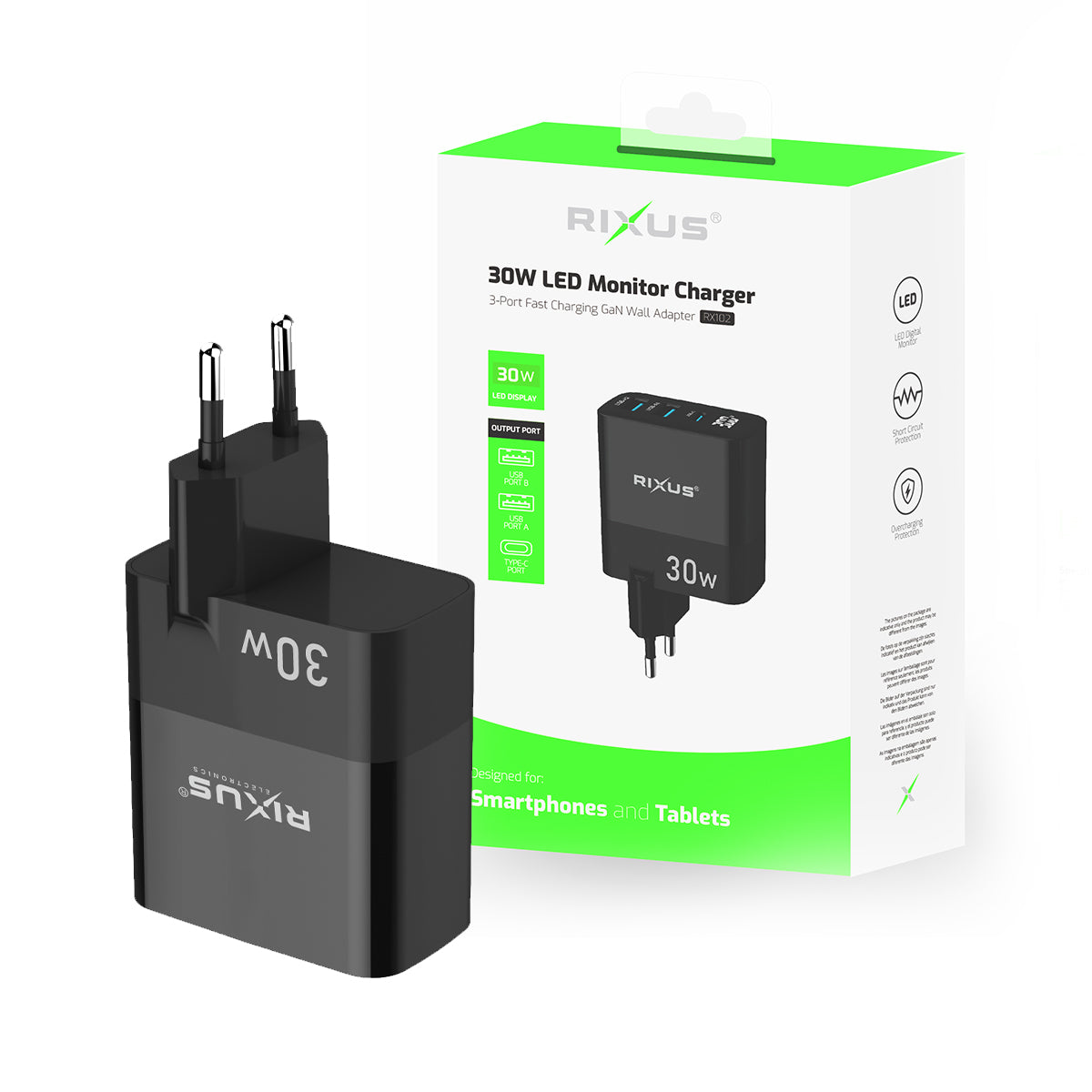 Rixus RX102 PD 30W Gan Charger Noir