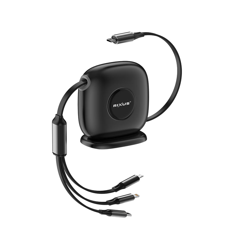 Rixus RXUC61 Rétractable 100W 3 en 1 Cable Desktop USB Type C Fast Charger 1.7m Black