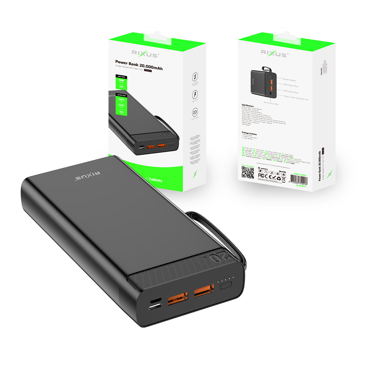 Rixus RXPB52 High Capicity Powerbank 10000 mAh 22.5W Noir