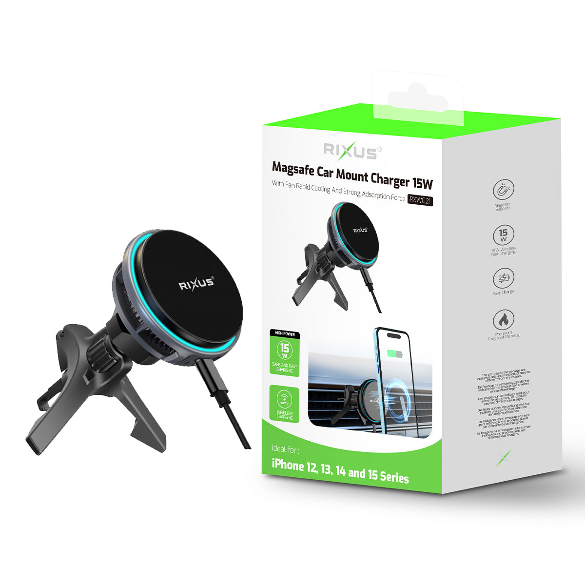 Rixus RXWC21 MagSafe Car Mount Charger Ice Cooling Fit Noir