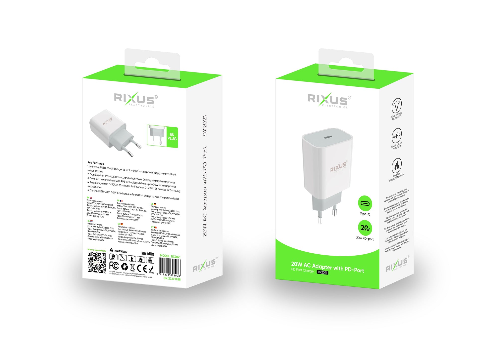 Rixus RX2021 Chargeur PD 20W Blanc