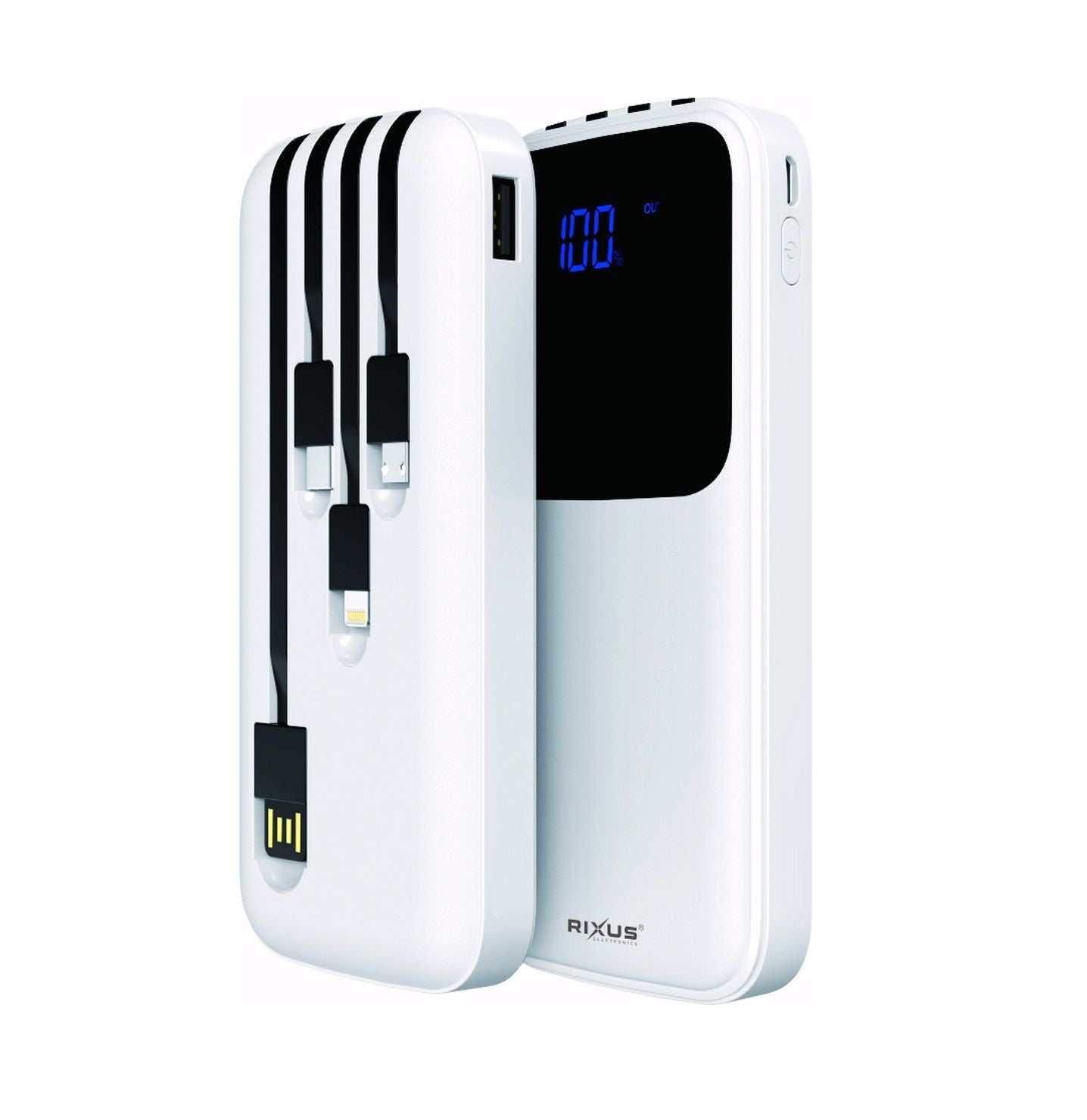 Rixus RXPB36 Power Bank 10000 mAh avec 4 câbles intégrés Blanc