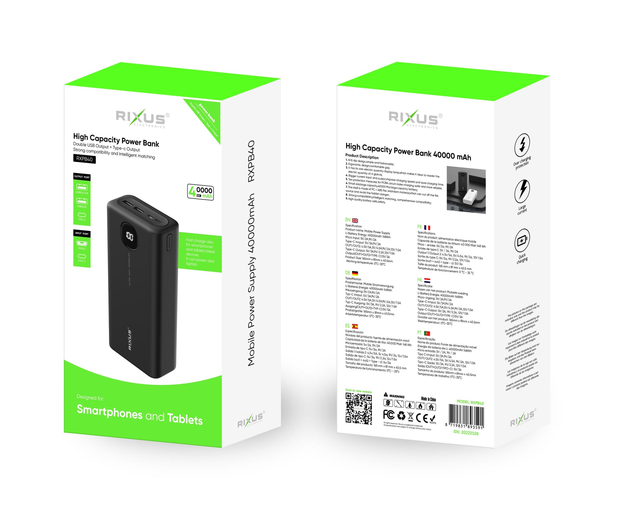 Rixus RXPB40 Banque d'alimentation haute capacité 40.000mAh Noir