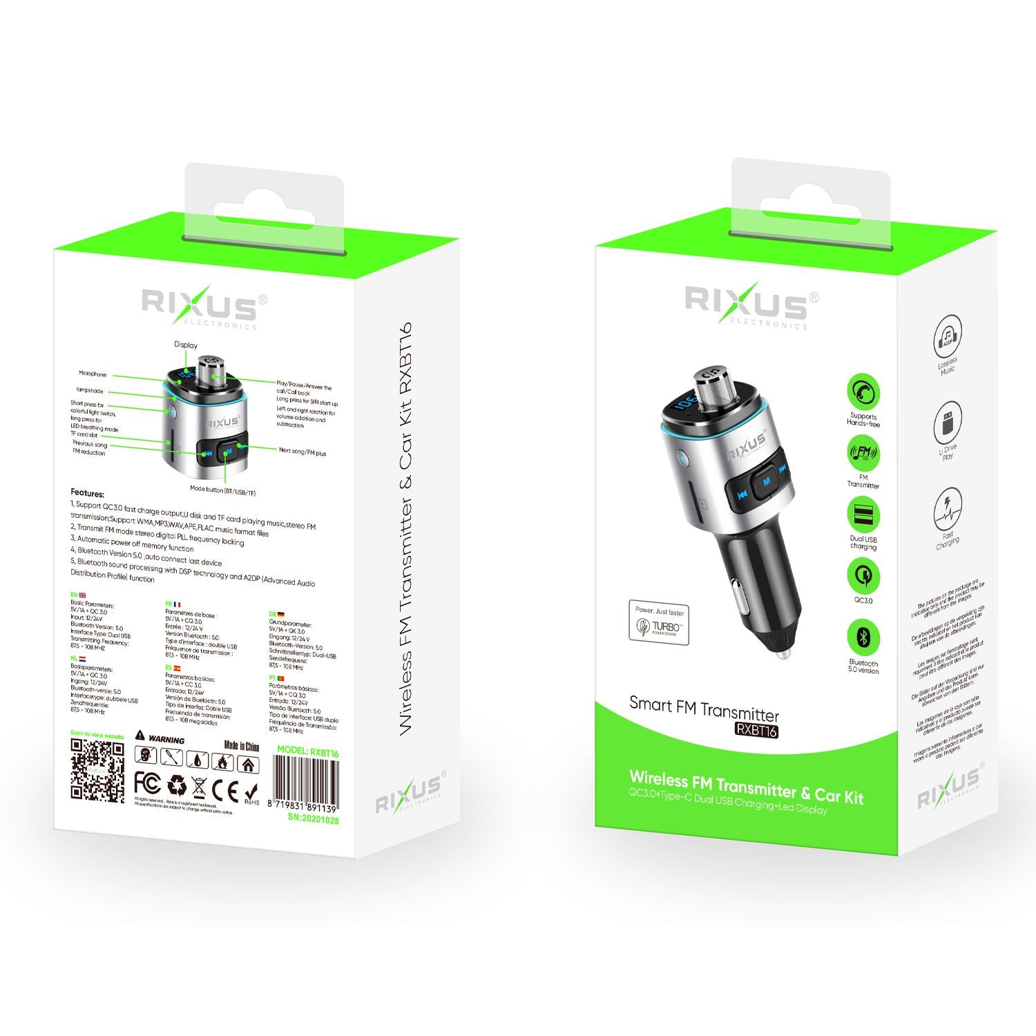 Rixus RXBT16 Smart FM Transmitter (émetteur FM intelligent)