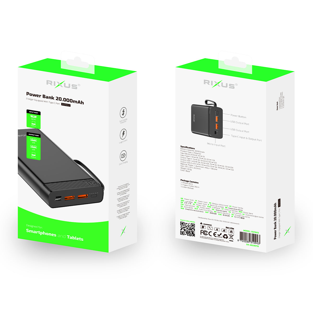 Rixus RXPB52 High Capicity Powerbank 10000 mAh 22.5W Noir