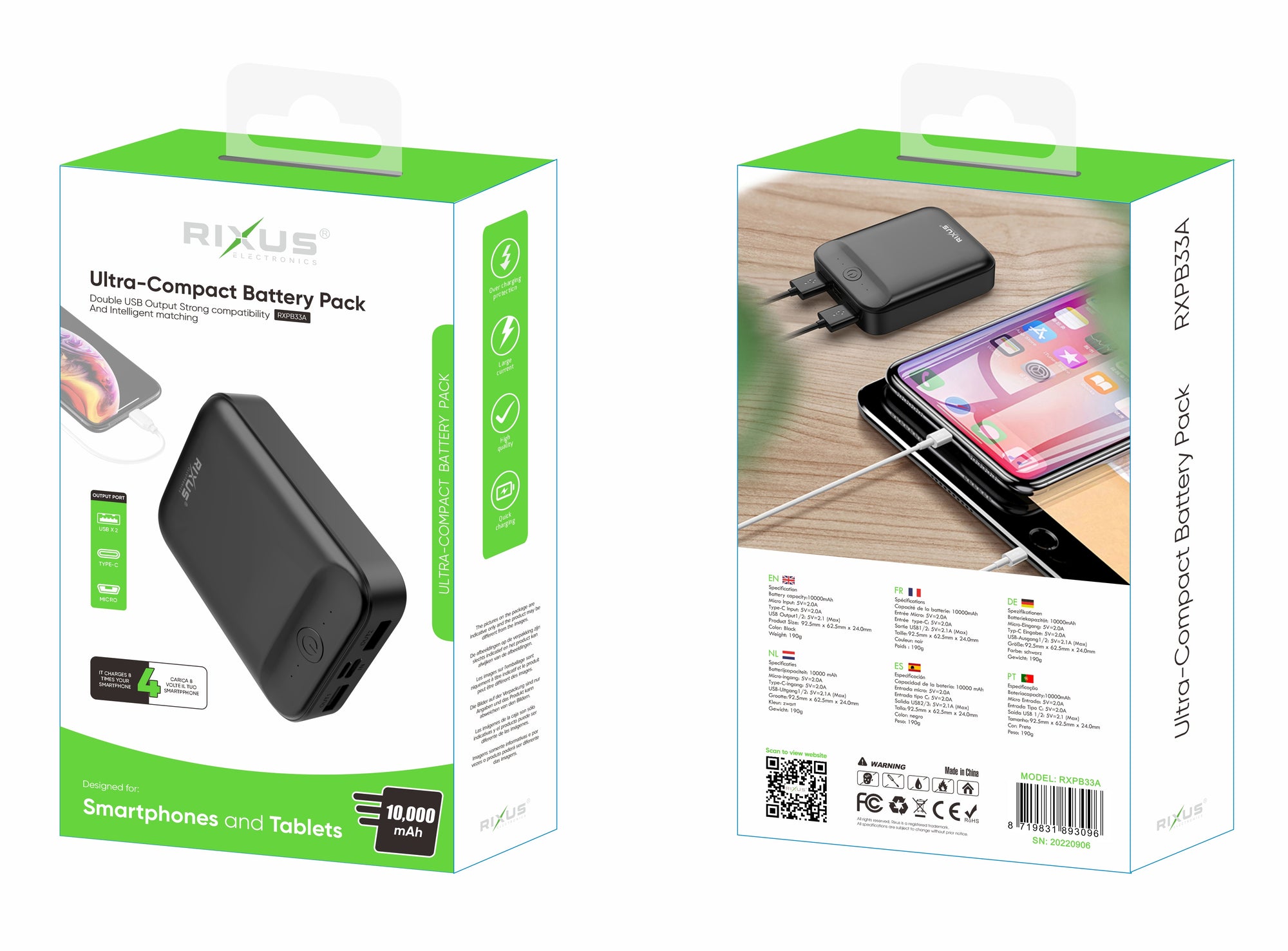 Rixus RXPB33A Banque d'énergie ultra-compacte 10000 mAh Noir
