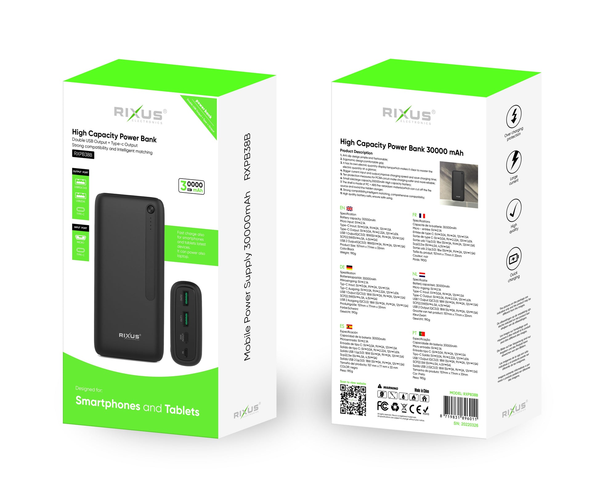 Rixus RXPB38B Banque d'alimentation haute capacité 30.000mAh Noir