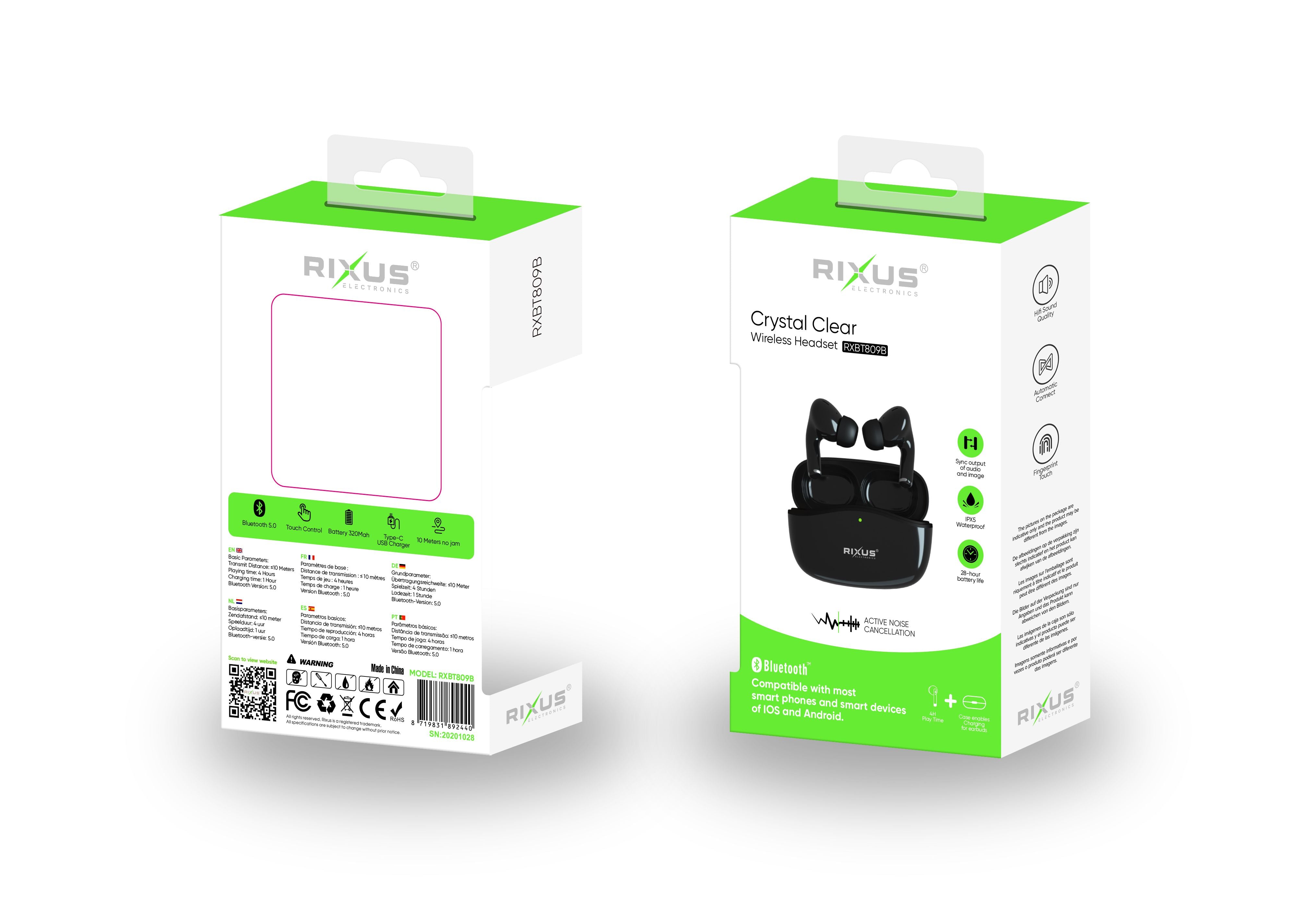 Rixus RXBT809B Casque sans fil Crystal Clear Noir