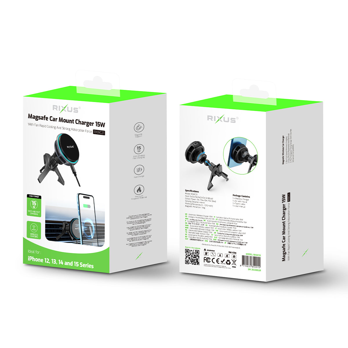 Rixus RXWC21 MagSafe Car Mount Charger Ice Cooling Fit Noir