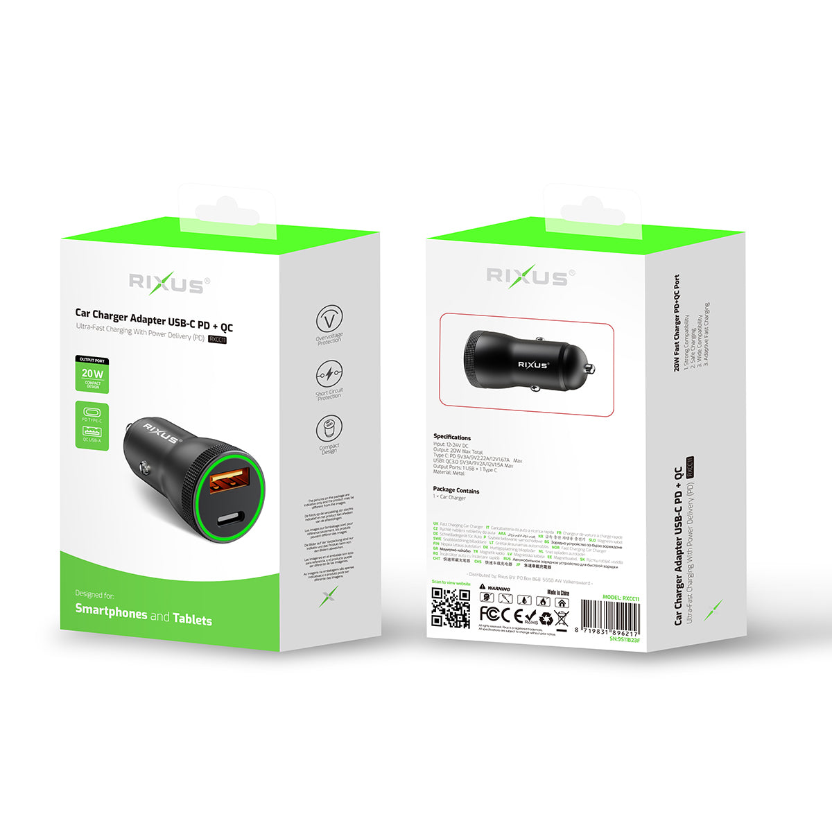 Rixus RXCC11 Chargeur de voiture USB-C PD+QC 20W Noir