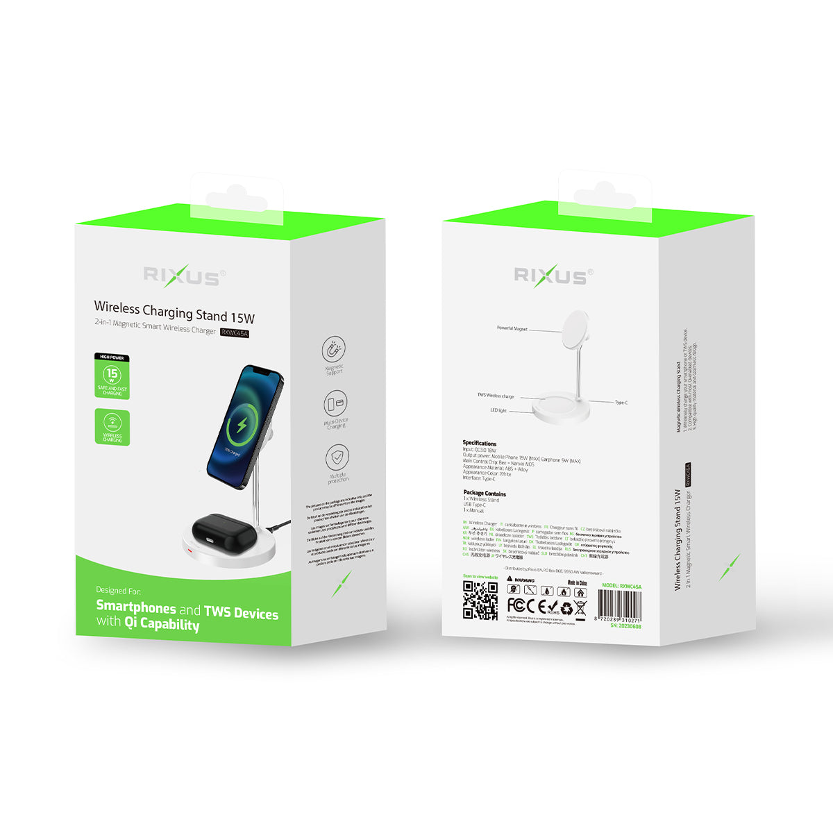Rixus RXWC45A Wireless Charging Stand 15W Blanc