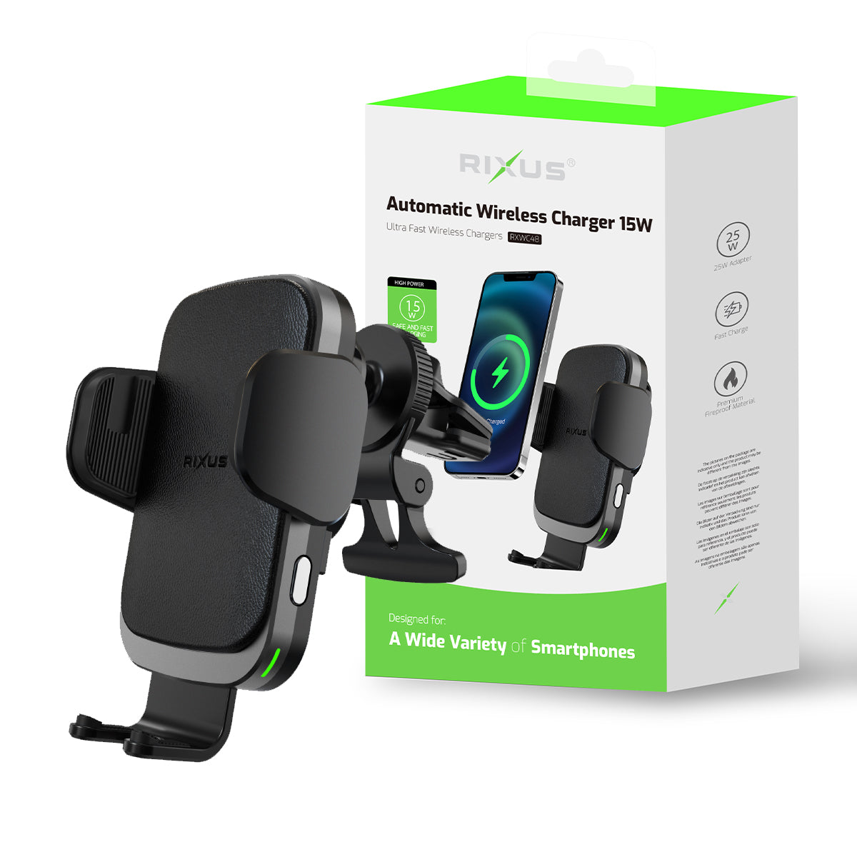 Rixus RXWC48 Wireless Car Charger Mount Black (support de chargeur sans fil pour voiture)