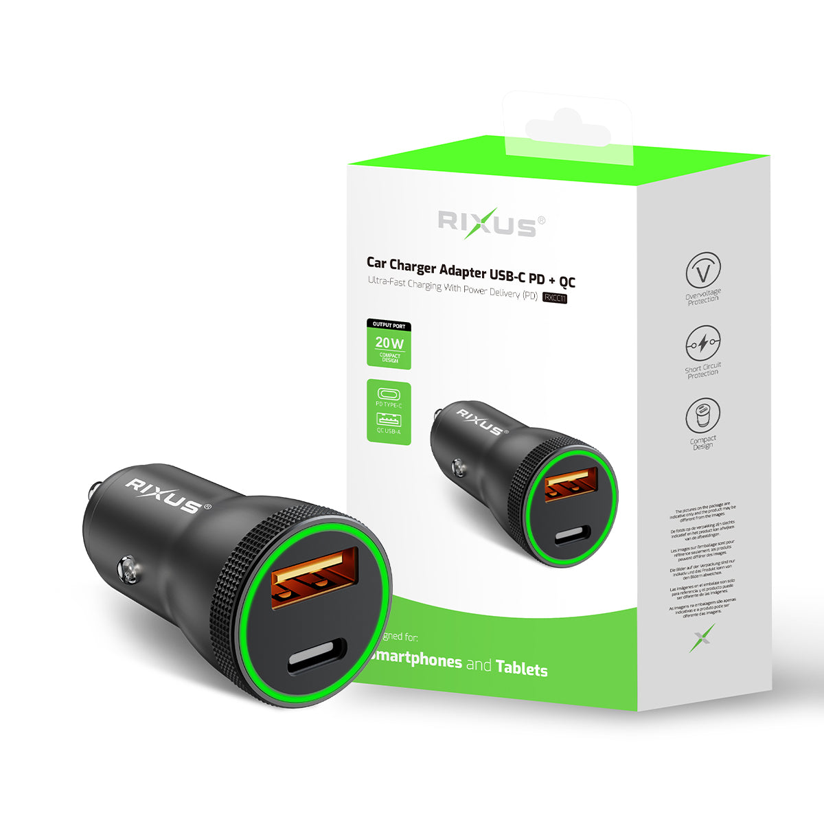 Rixus RXCC11 Chargeur de voiture USB-C PD+QC 20W Noir