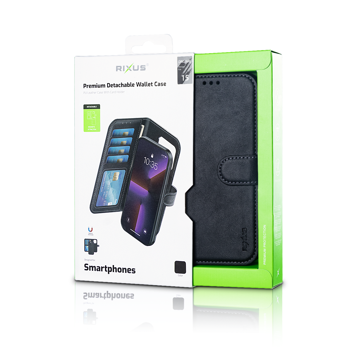 Rixus For iPhone 15 Duo Portefeuille magnétique détachable Noir