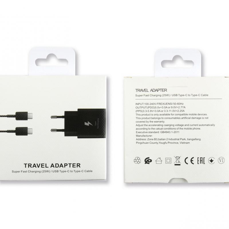 Chargeur rapide Adaptateur de voyage 25W Câble USB-C 100cm inclus Boîte de vente au détail noire