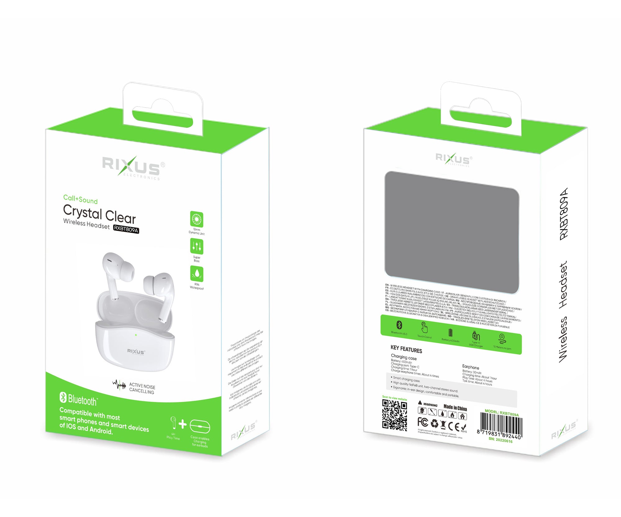 Rixus RXBT809A Crystal Clear Wireless Earphone Blanc