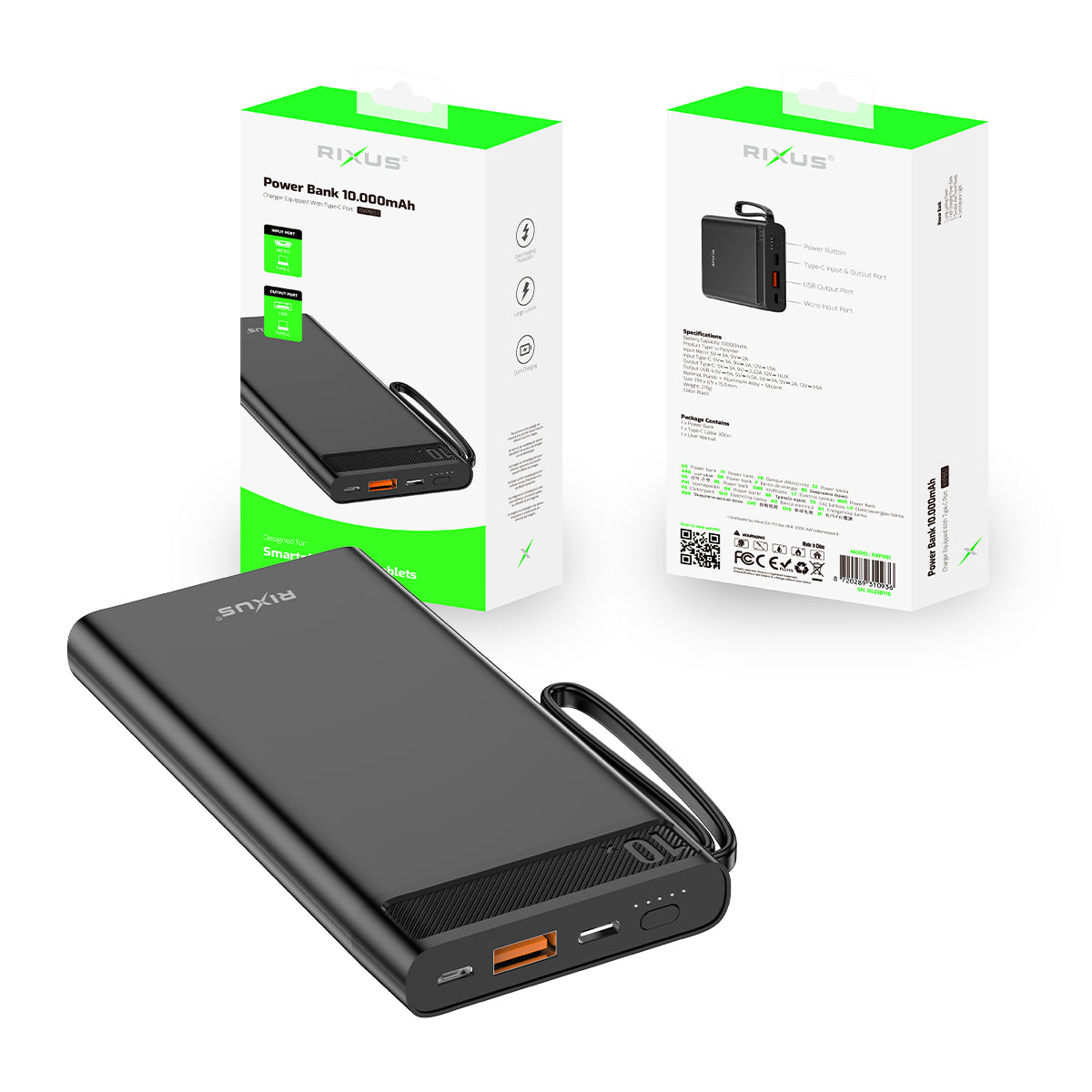 Rixus RXPB51 Powerbank haute capacité 10000 mAh 22.5W Noir
