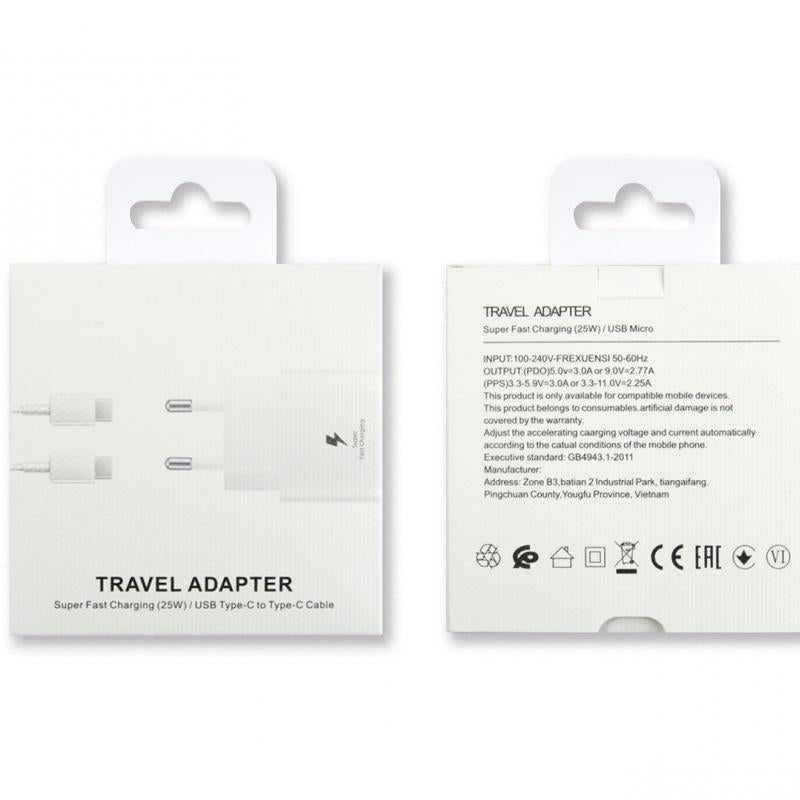 Adaptateur de voyage à charge rapide 25W avec câble USB-C 100cm blanc Boîte de vente au détail