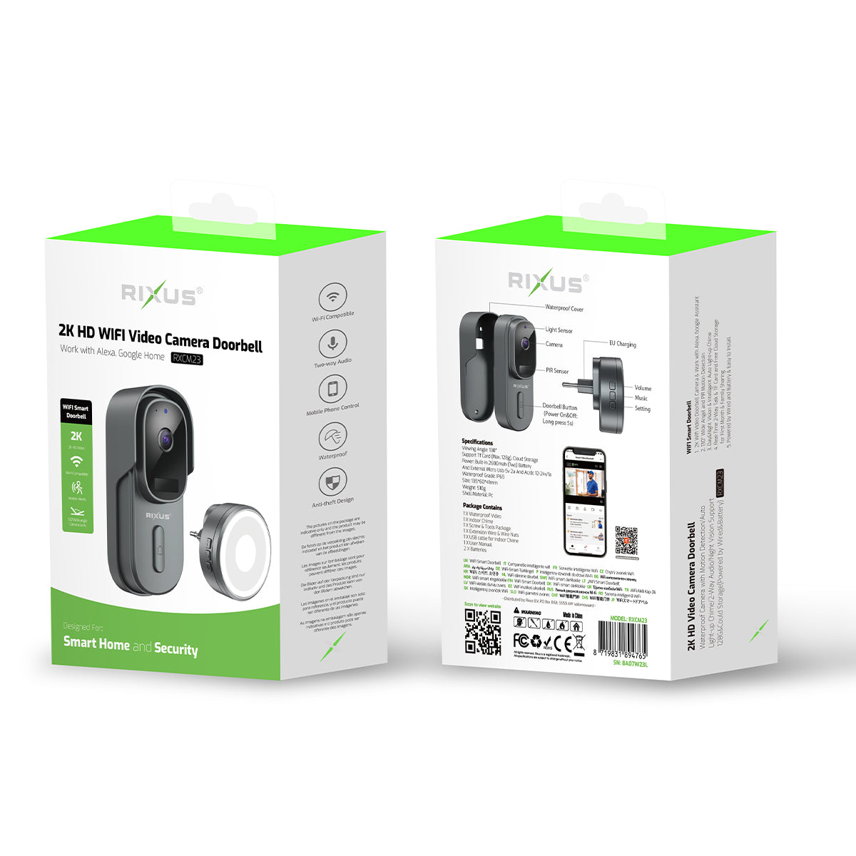Rixus Wireless Battery Powered Doorbell With Camera Gray (sonnette sans fil alimentée par batterie avec caméra)